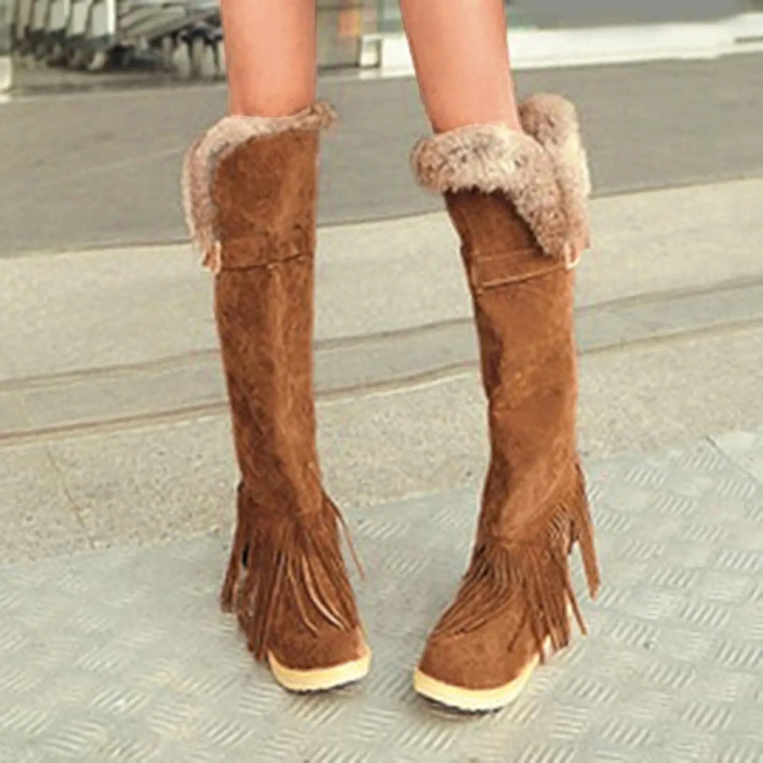 Bcshiye Women's Knee High Riding Boots,Low Heel Slouchy Warm Fur Combat Boots Mid Calf Booties Round Toe Snow Boots