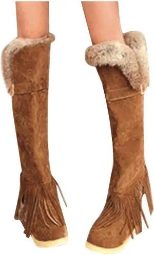 Bcshiye Women's Knee High Riding Boots,Low Heel Slouchy Warm Fur Combat Boots Mid Calf Booties Round Toe Snow Boots