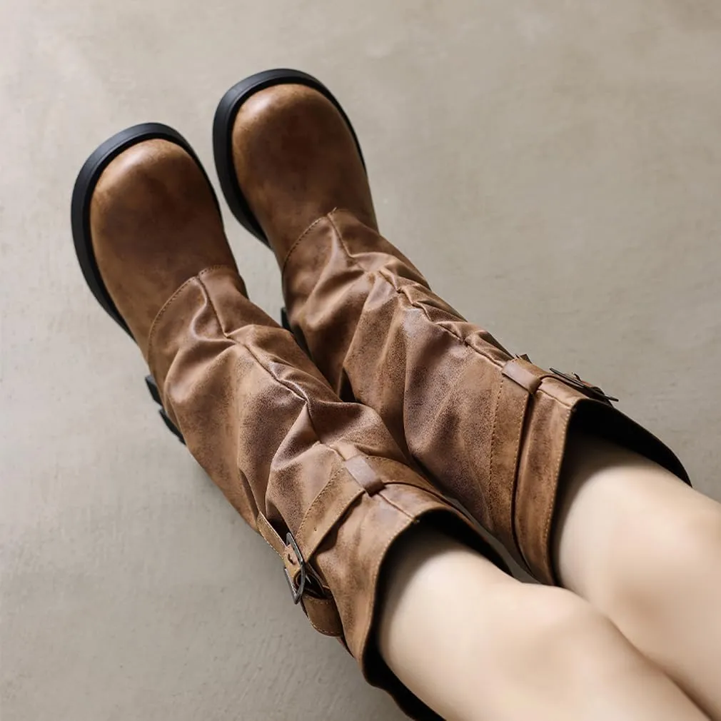 BEAUPAS Women's Goth Platform Riding Boots Pull On Buckle Boots Fold Over Tall Knee High Boots Chunky Block Heel Biker Boots Vintage Slouchy Round Toe Shoes