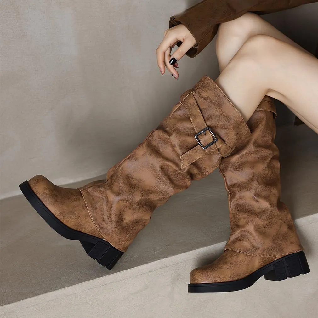 BEAUPAS Women's Goth Platform Riding Boots Pull On Buckle Boots Fold Over Tall Knee High Boots Chunky Block Heel Biker Boots Vintage Slouchy Round Toe Shoes