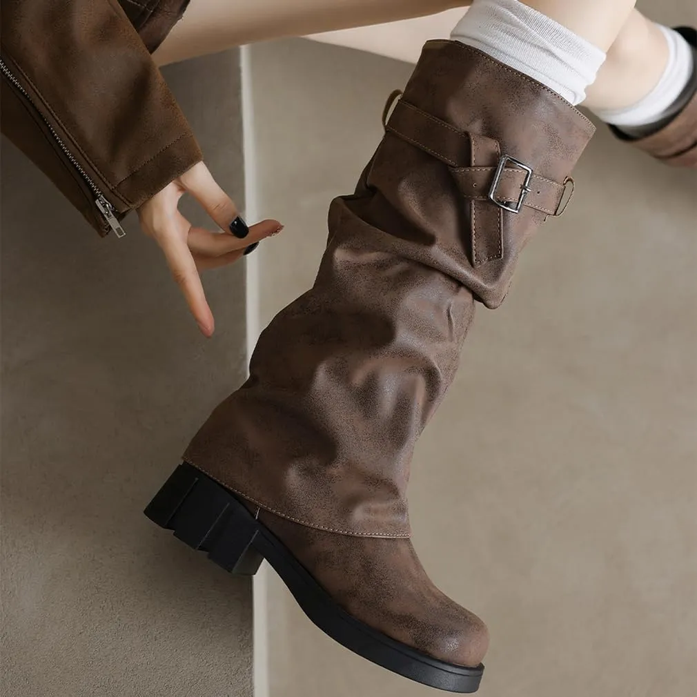 BEAUPAS Women's Goth Platform Riding Boots Pull On Buckle Boots Fold Over Tall Knee High Boots Chunky Block Heel Biker Boots Vintage Slouchy Round Toe Shoes