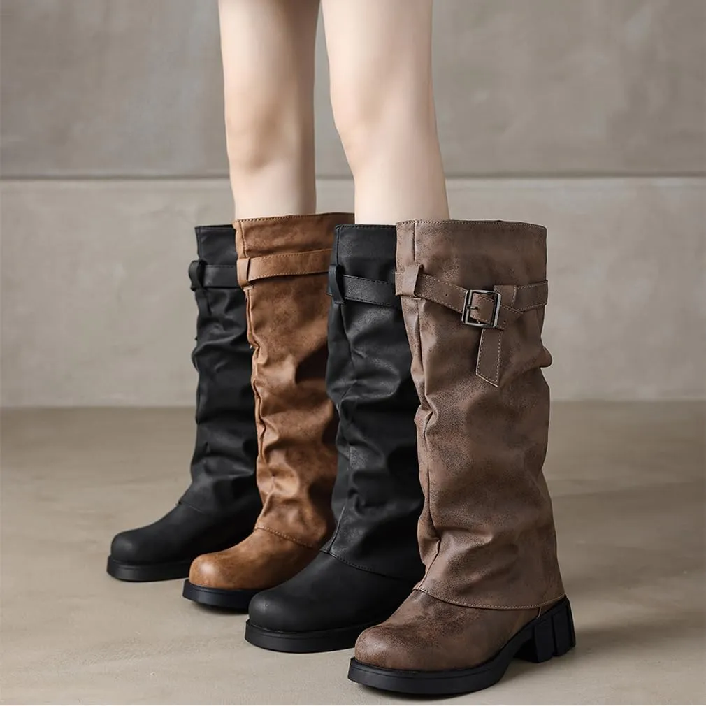 BEAUPAS Women's Goth Platform Riding Boots Pull On Buckle Boots Fold Over Tall Knee High Boots Chunky Block Heel Biker Boots Vintage Slouchy Round Toe Shoes