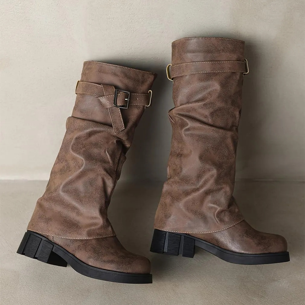 BEAUPAS Women's Goth Platform Riding Boots Pull On Buckle Boots Fold Over Tall Knee High Boots Chunky Block Heel Biker Boots Vintage Slouchy Round Toe Shoes