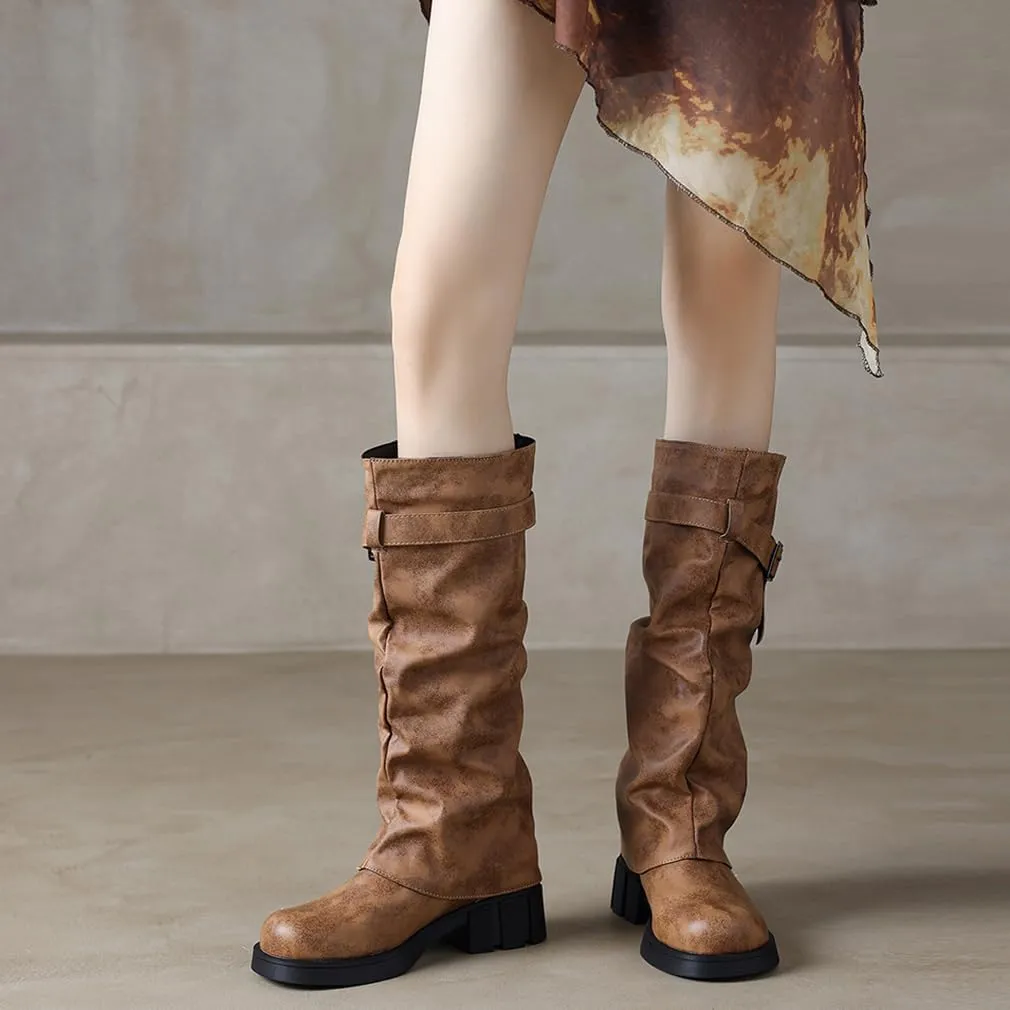 BEAUPAS Women's Goth Platform Riding Boots Pull On Buckle Boots Fold Over Tall Knee High Boots Chunky Block Heel Biker Boots Vintage Slouchy Round Toe Shoes