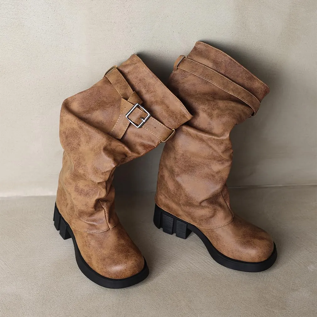 BEAUPAS Women's Goth Platform Riding Boots Pull On Buckle Boots Fold Over Tall Knee High Boots Chunky Block Heel Biker Boots Vintage Slouchy Round Toe Shoes