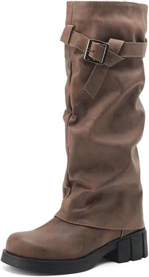 BEAUPAS Women's Goth Platform Riding Boots Pull On Buckle Boots Fold Over Tall Knee High Boots Chunky Block Heel Biker Boots Vintage Slouchy Round Toe Shoes