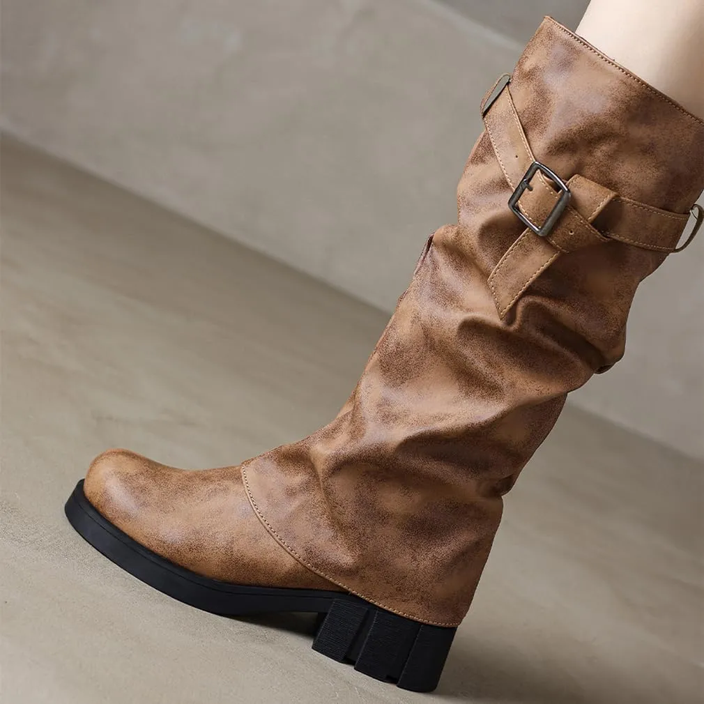 BEAUPAS Women's Goth Platform Riding Boots Pull On Buckle Boots Fold Over Tall Knee High Boots Chunky Block Heel Biker Boots Vintage Slouchy Round Toe Shoes
