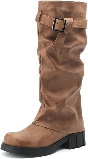 BEAUPAS Women's Goth Platform Riding Boots Pull On Buckle Boots Fold Over Tall Knee High Boots Chunky Block Heel Biker Boots Vintage Slouchy Round Toe Shoes
