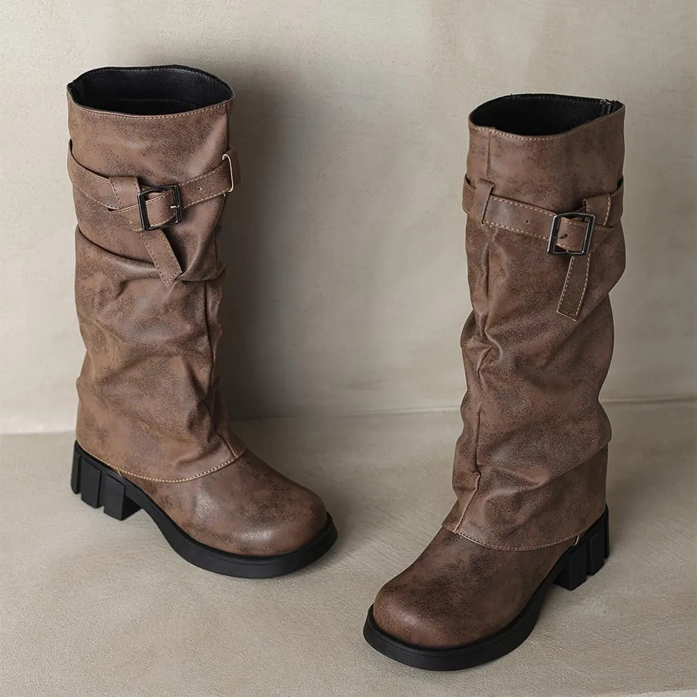 BEAUPAS Women's Goth Platform Riding Boots Pull On Buckle Boots Fold Over Tall Knee High Boots Chunky Block Heel Biker Boots Vintage Slouchy Round Toe Shoes