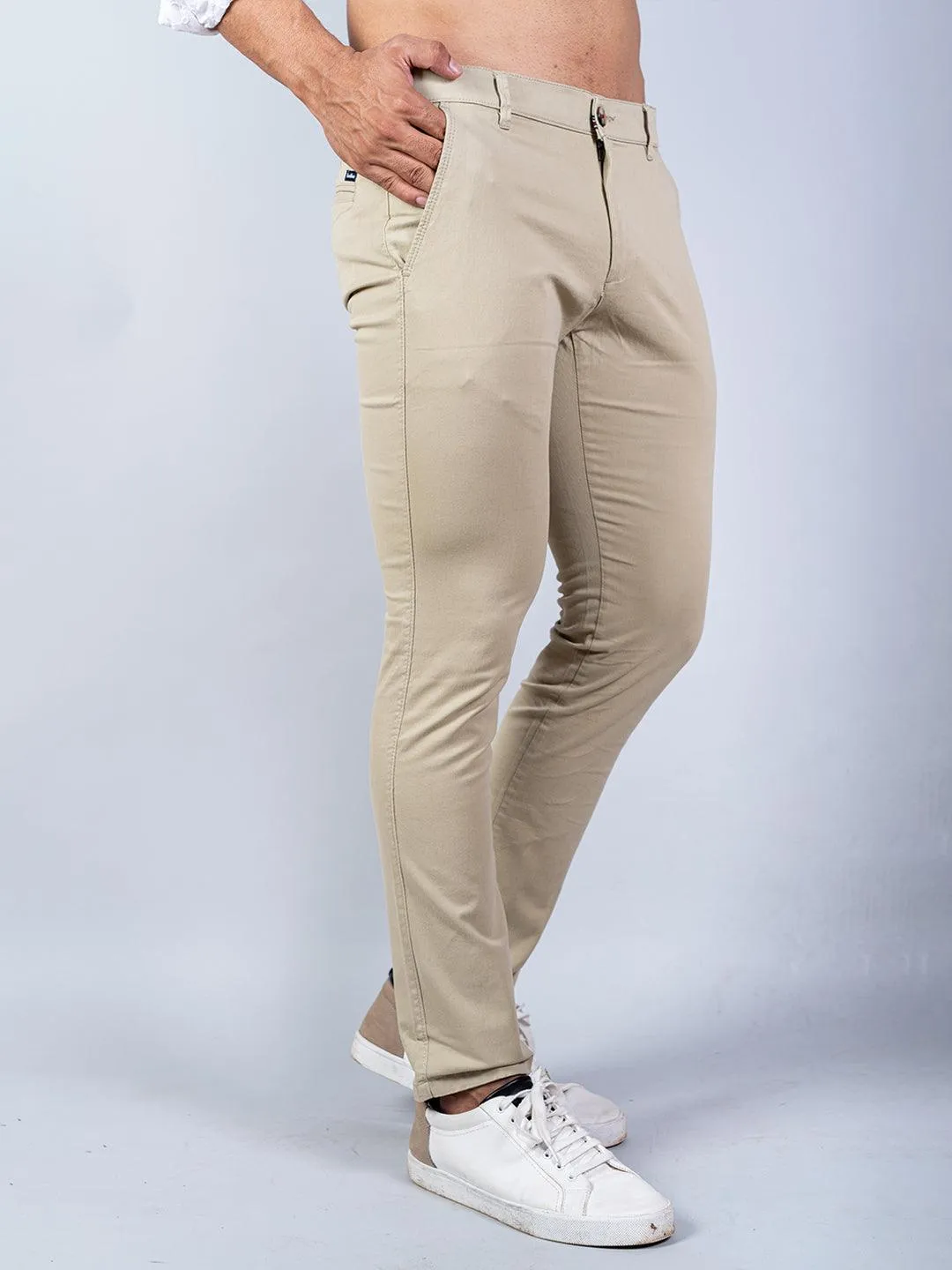 Beige Solid Cotton Twill Trouser