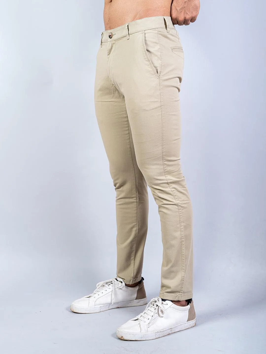 Beige Solid Cotton Twill Trouser