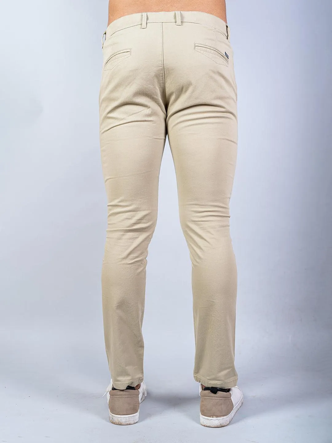 Beige Solid Cotton Twill Trouser