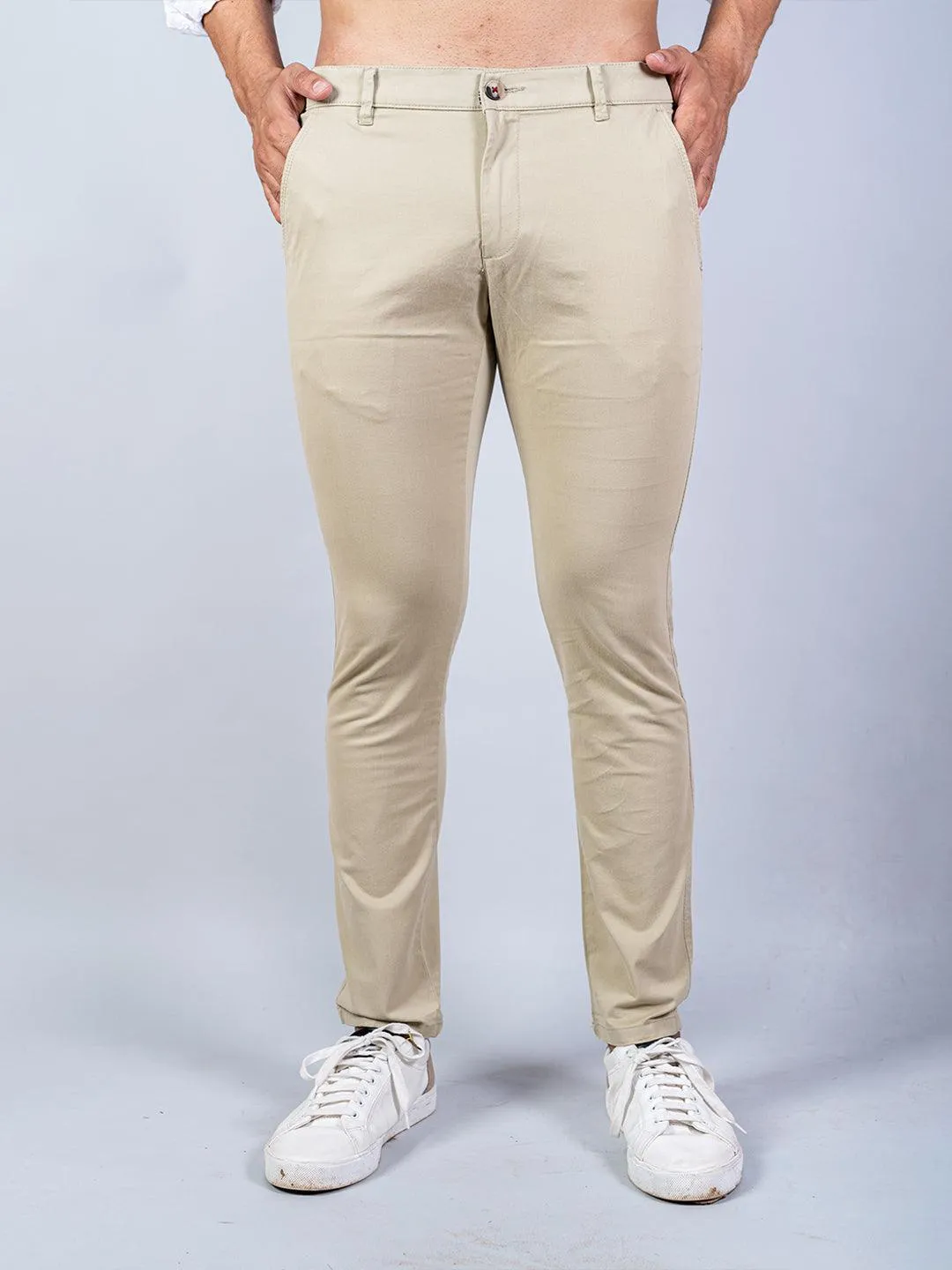 Beige Solid Cotton Twill Trouser