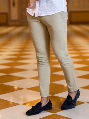 Beige Solid Cotton Twill Trouser