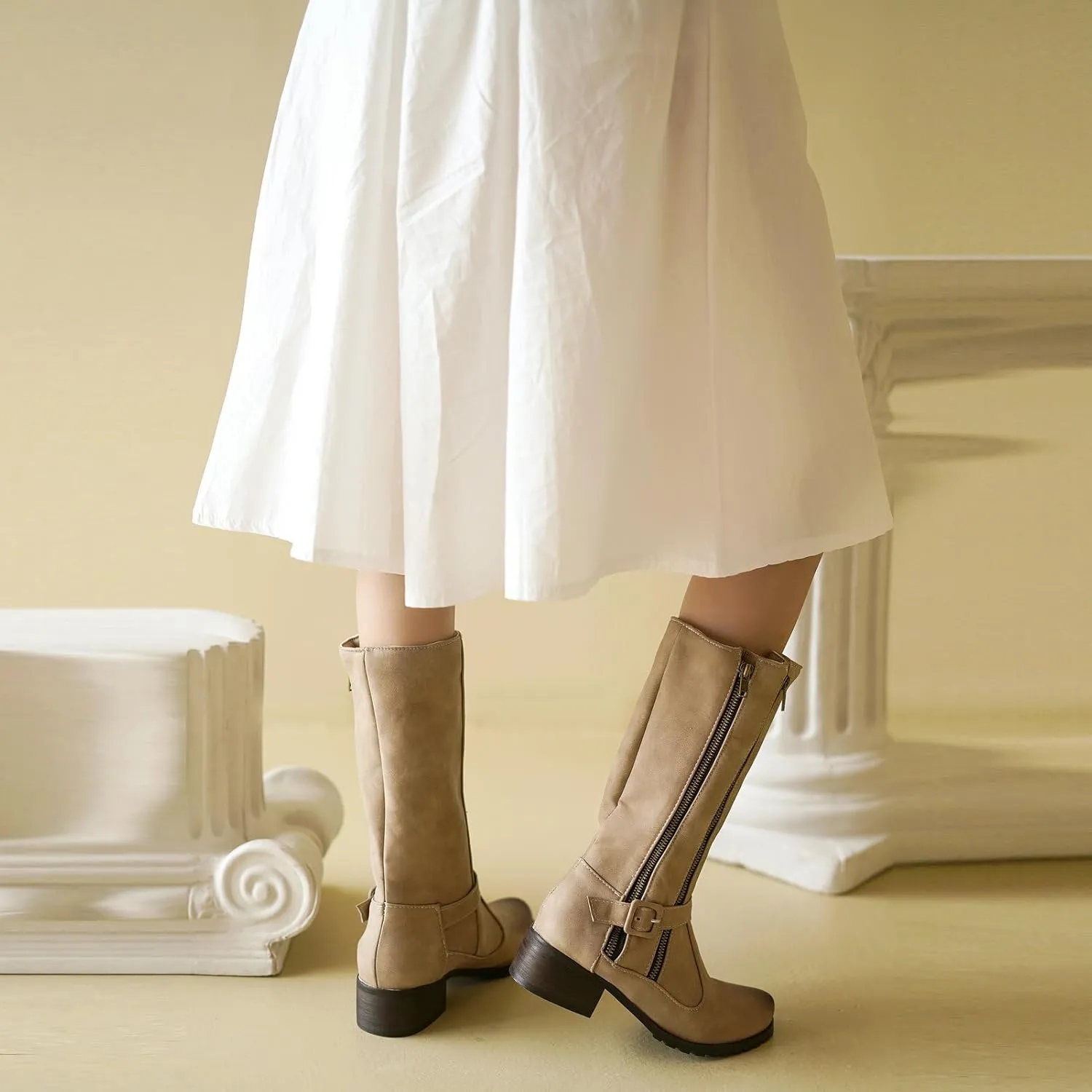 Betastella Womens Chunky Knee High Boots Low Heel Riding Boots Side Zipper Pull On Long Tall Boots