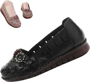 BlackeEight Women's Leather Loafers Flats Sandals,Summer Comfort Closed Toe Vintage Flowers Slip-on Ox Softsole Dress Casual Shoes