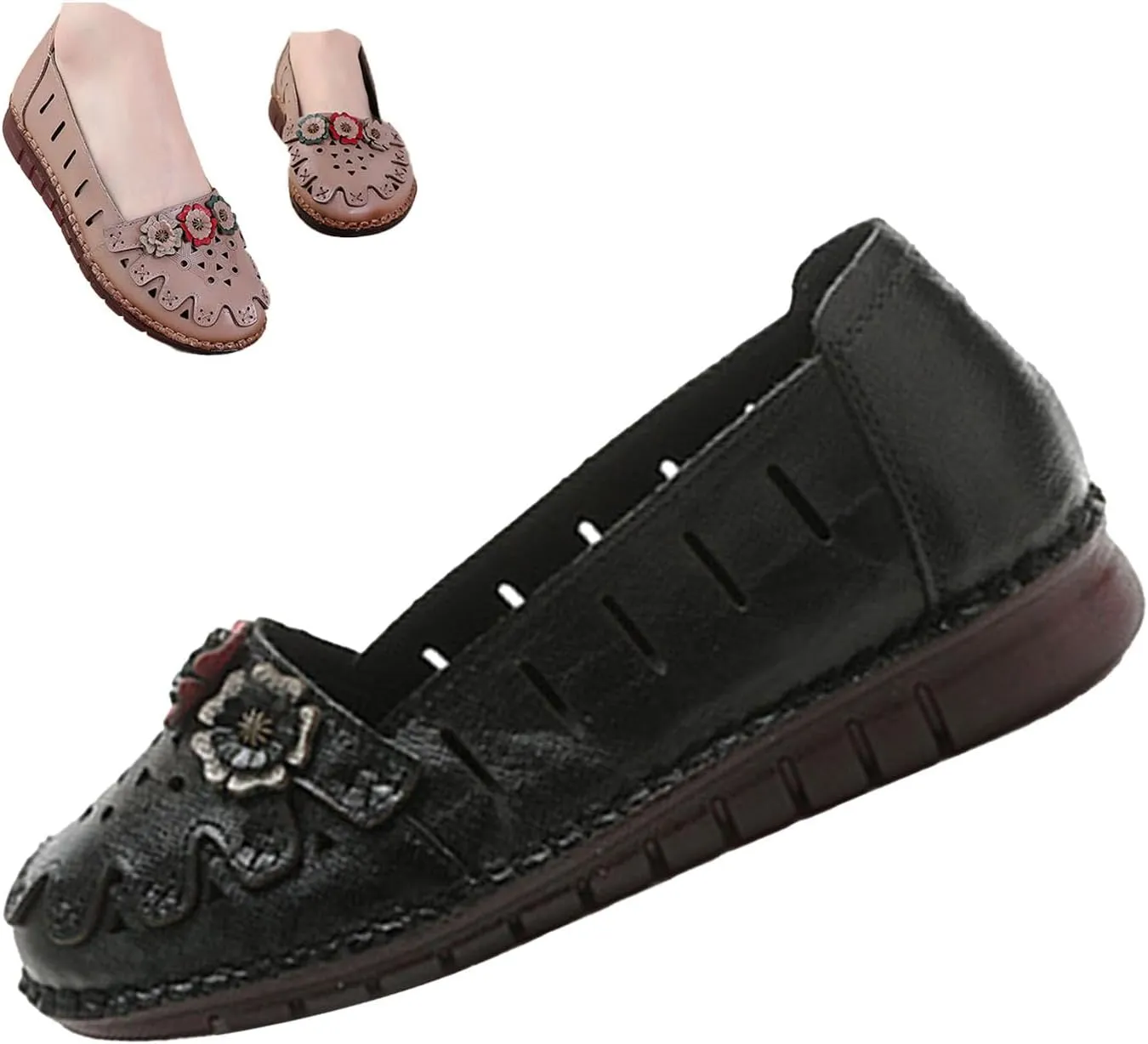 BlackeEight Women's Leather Loafers Flats Sandals,Summer Comfort Closed Toe Vintage Flowers Slip-on Ox Softsole Dress Casual Shoes