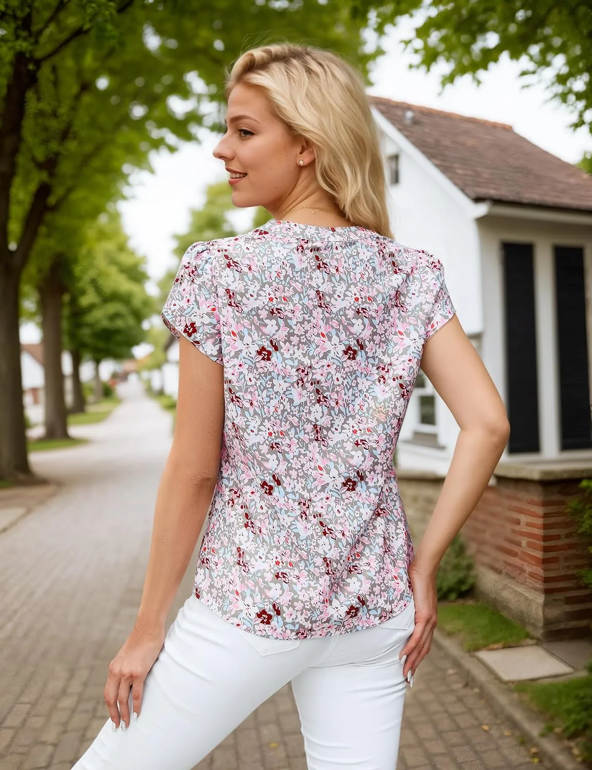 Blooming Jelly Womens Dressy Casual Tops Business Casual Cap Sleeve Work Blouses Chiffon V Neck Button Down Shirts