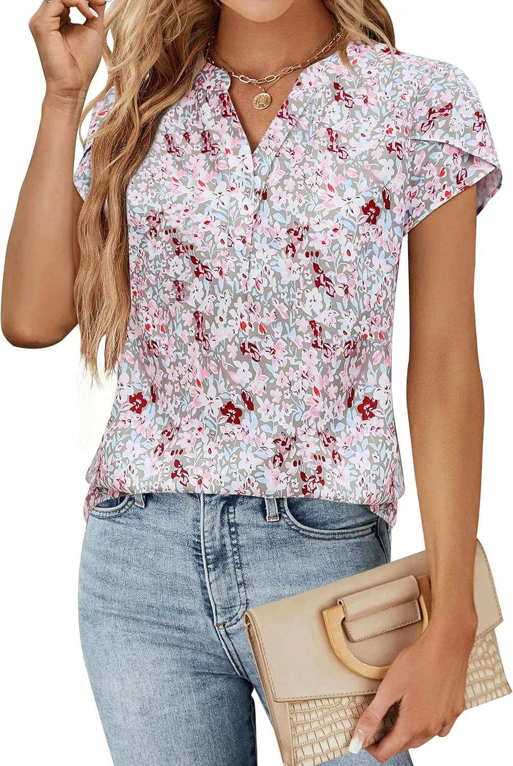 Blooming Jelly Womens Dressy Casual Tops Business Casual Cap Sleeve Work Blouses Chiffon V Neck Button Down Shirts
