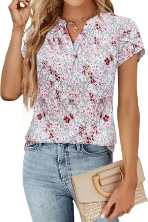Blooming Jelly Womens Dressy Casual Tops Business Casual Cap Sleeve Work Blouses Chiffon V Neck Button Down Shirts