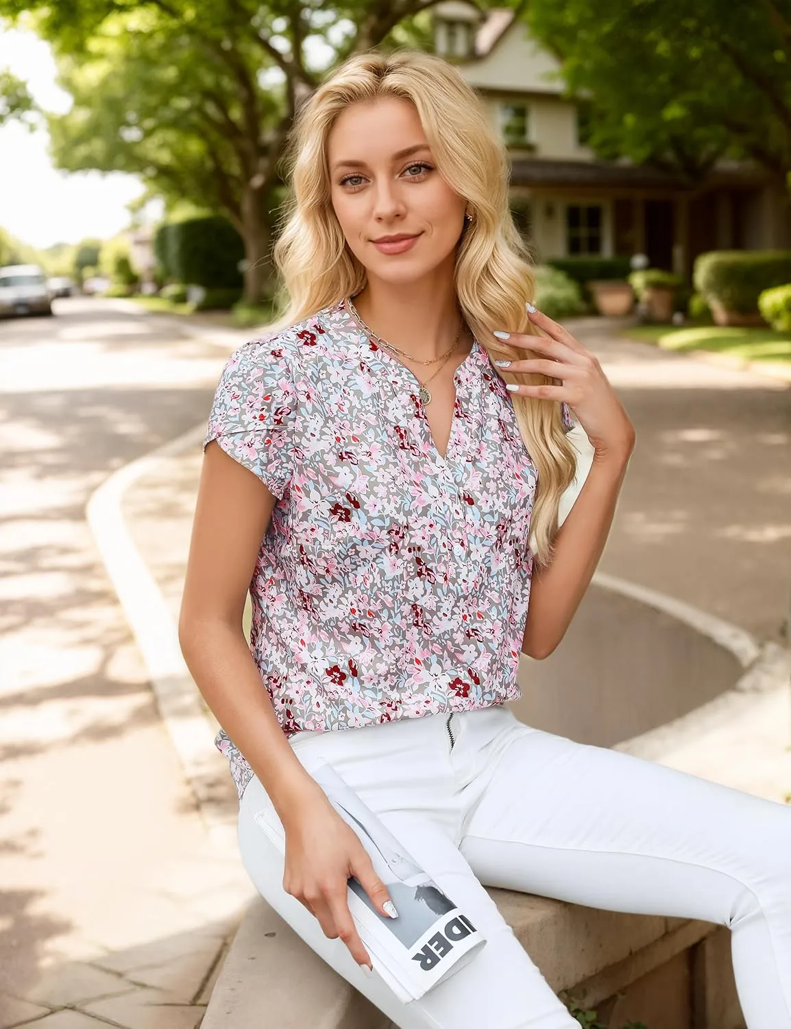 Blooming Jelly Womens Dressy Casual Tops Business Casual Cap Sleeve Work Blouses Chiffon V Neck Button Down Shirts