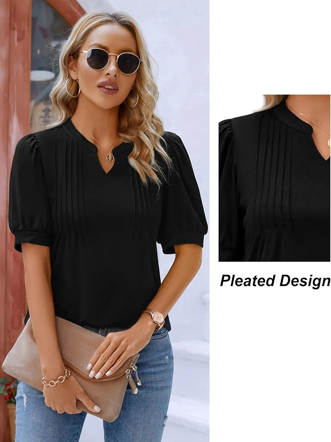 Blooming Jelly Womens Dressy Casual Tops Puff Sleeve Work Blouses Pleated V Neck T Shirts