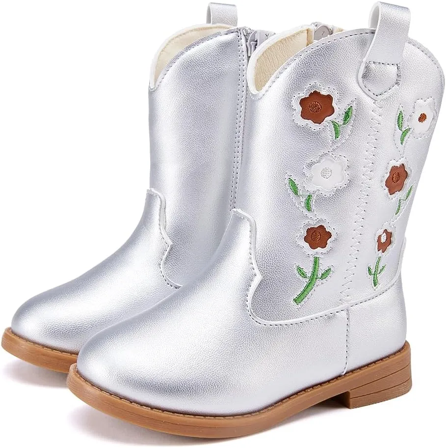 BMCiTYBM Toddler Girls Cowgirl Boots Little Kids Mid Calf Western Boots Flower Cowboy Boots Pointed Toe Riding Shoes
