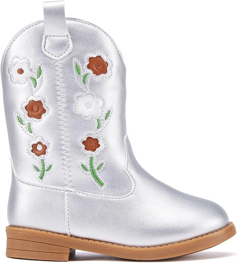 BMCiTYBM Toddler Girls Cowgirl Boots Little Kids Mid Calf Western Boots Flower Cowboy Boots Pointed Toe Riding Shoes