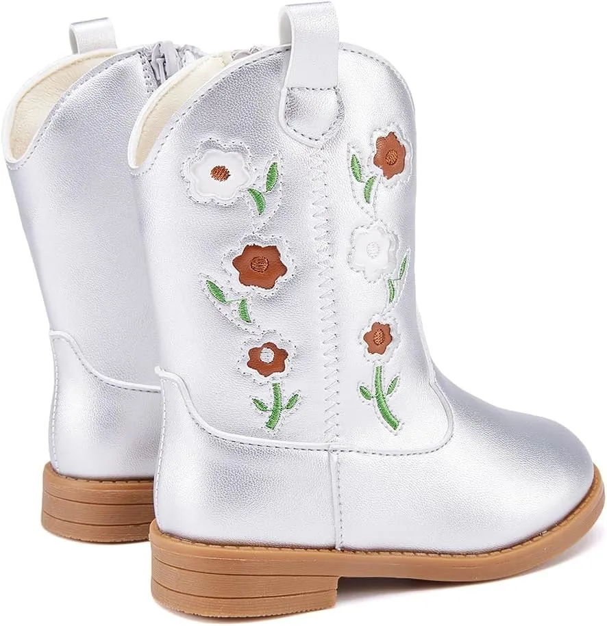 BMCiTYBM Toddler Girls Cowgirl Boots Little Kids Mid Calf Western Boots Flower Cowboy Boots Pointed Toe Riding Shoes