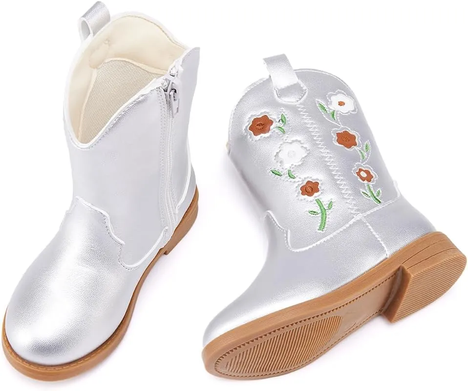 BMCiTYBM Toddler Girls Cowgirl Boots Little Kids Mid Calf Western Boots Flower Cowboy Boots Pointed Toe Riding Shoes