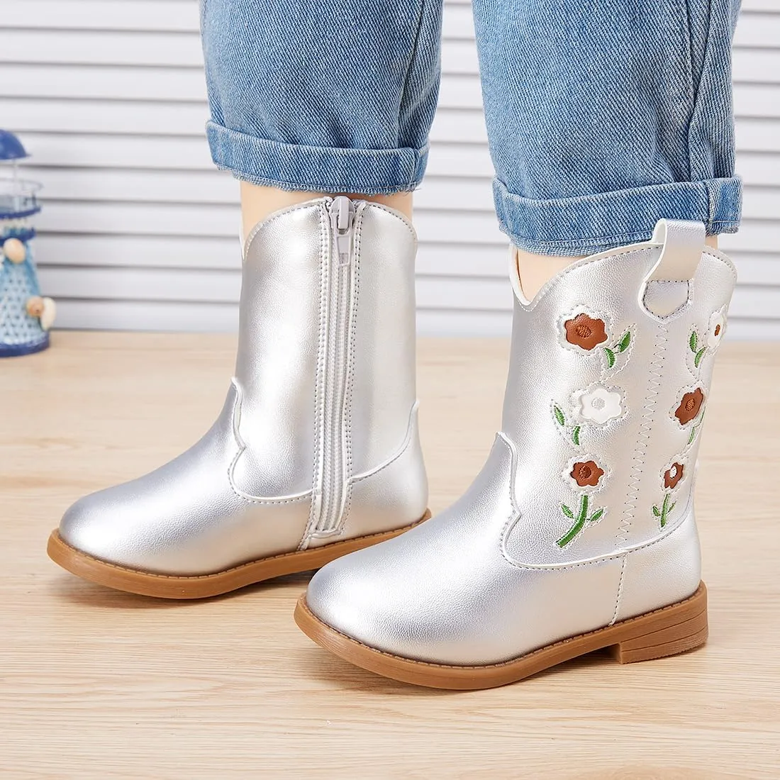 BMCiTYBM Toddler Girls Cowgirl Boots Little Kids Mid Calf Western Boots Flower Cowboy Boots Pointed Toe Riding Shoes