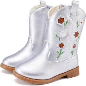 BMCiTYBM Toddler Girls Cowgirl Boots Little Kids Mid Calf Western Boots Flower Cowboy Boots Pointed Toe Riding Shoes