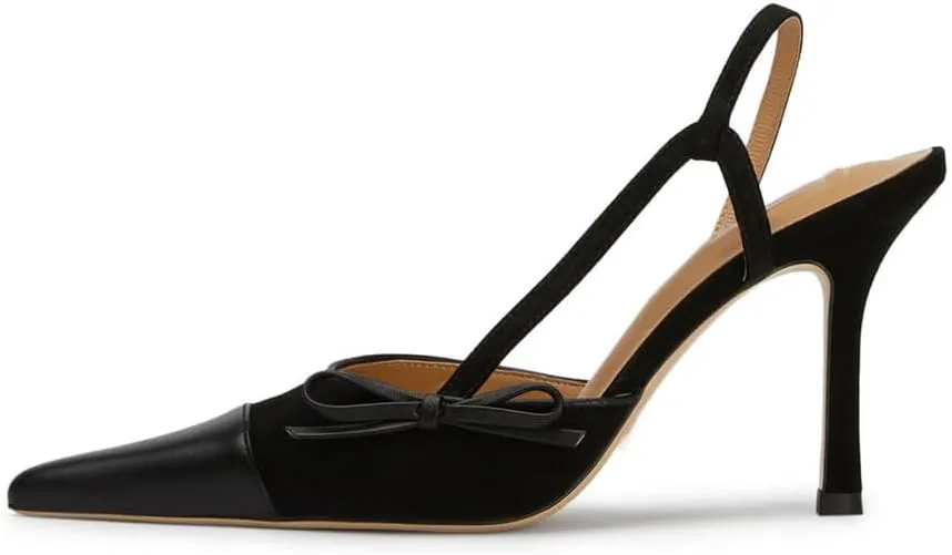 Bow Tie Slingback Pumps for Women Closed Pointed Toe High Stiletto Heels Two-Tone Backless Heeled Sandals