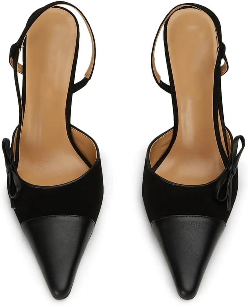 Bow Tie Slingback Pumps for Women Closed Pointed Toe High Stiletto Heels Two-Tone Backless Heeled Sandals