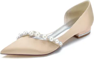 Bridal Shoes for The Bride Flats Satin Pearl Pointed Toe Closed Toe Low Heels Dress Shoes Wedding Sandals for Bridesmaids