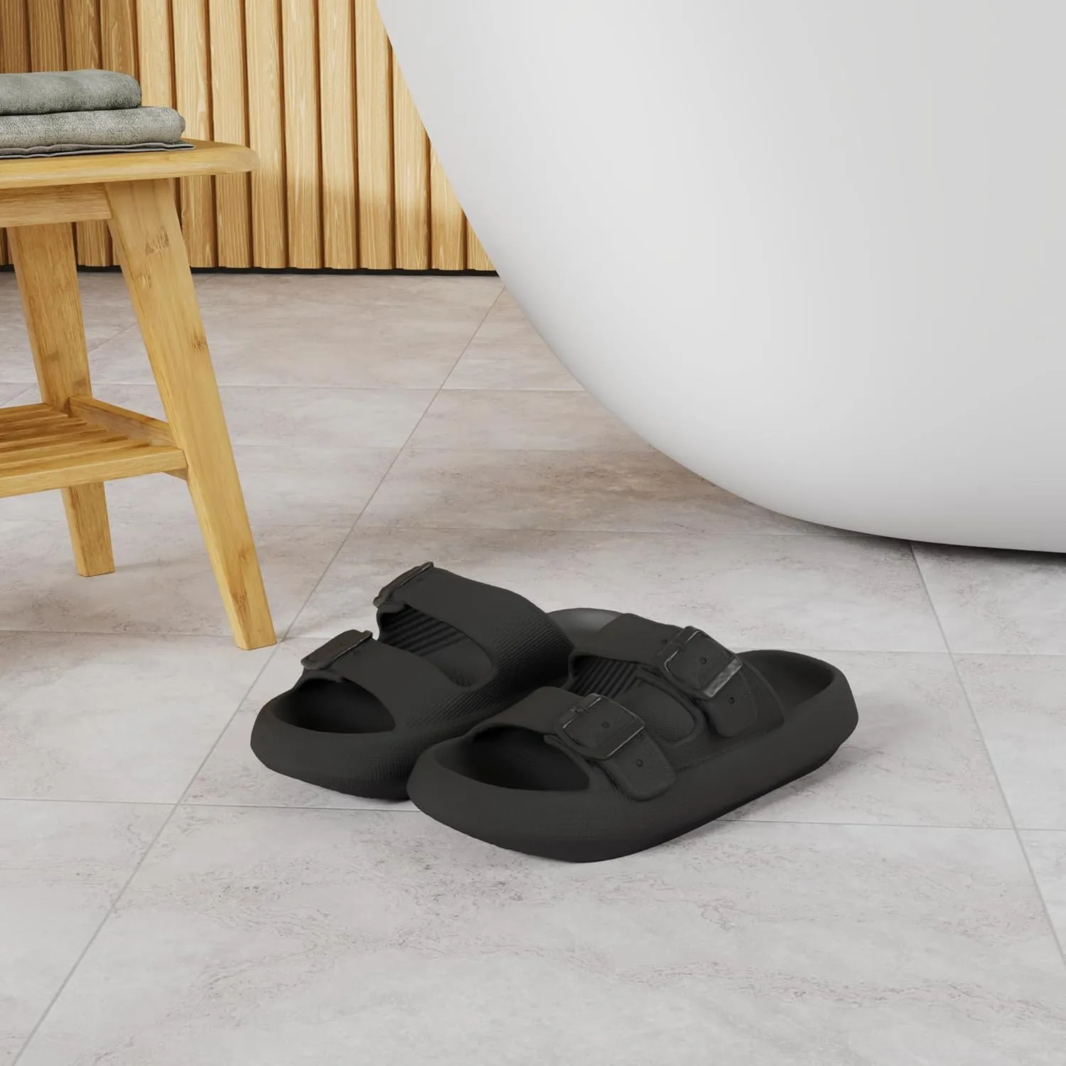 BRONAX Pillow Slippers for Women and Men | Adjustable Double Buckle Shower Slides | Cushioned Thick Sole Sandals