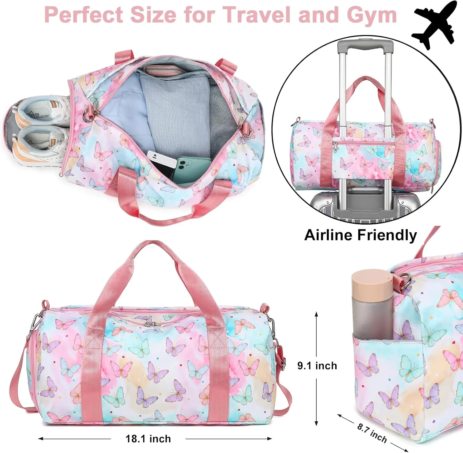 Butterfly Girls Sports Duffle Bag with Wet Pocket, Shoe Compartment & Overnight Travel Bag (Pink)