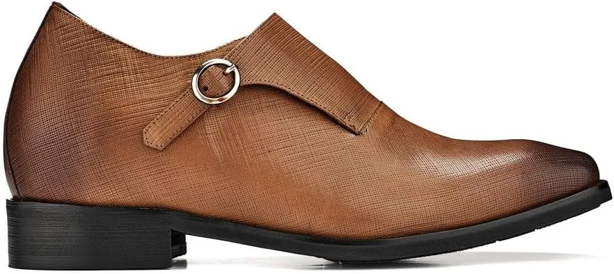 CALTO Men's Invisible Height Increasing Elevator Shoes - Sand Brown Leather Slip-on Lightweight Formal Dress Loafers- 2.8 Inches Taller - Y1181 - Size 10 D(M) US