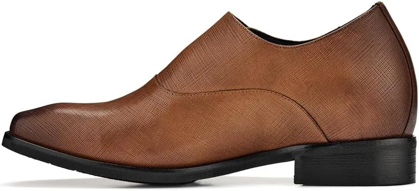 CALTO Men's Invisible Height Increasing Elevator Shoes - Sand Brown Leather Slip-on Lightweight Formal Dress Loafers- 2.8 Inches Taller - Y1181 - Size 10 D(M) US