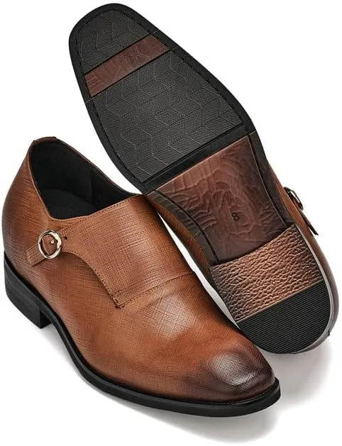CALTO Men's Invisible Height Increasing Elevator Shoes - Sand Brown Leather Slip-on Lightweight Formal Dress Loafers- 2.8 Inches Taller - Y1181 - Size 10 D(M) US
