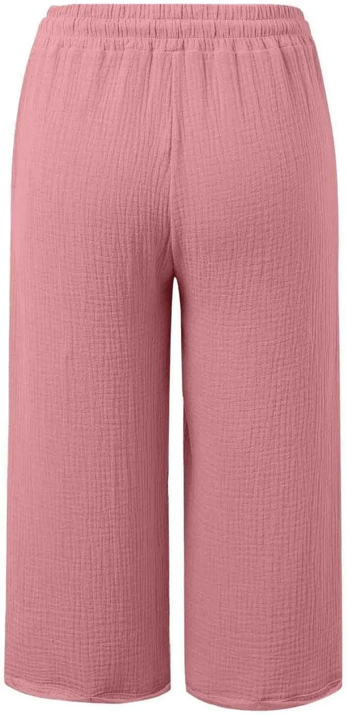 Capris Pants for Women 2025 Cotton Linen Casual Summer Straight Wide Leg Loose Drawstring Elastic Waist Cropped Trouser