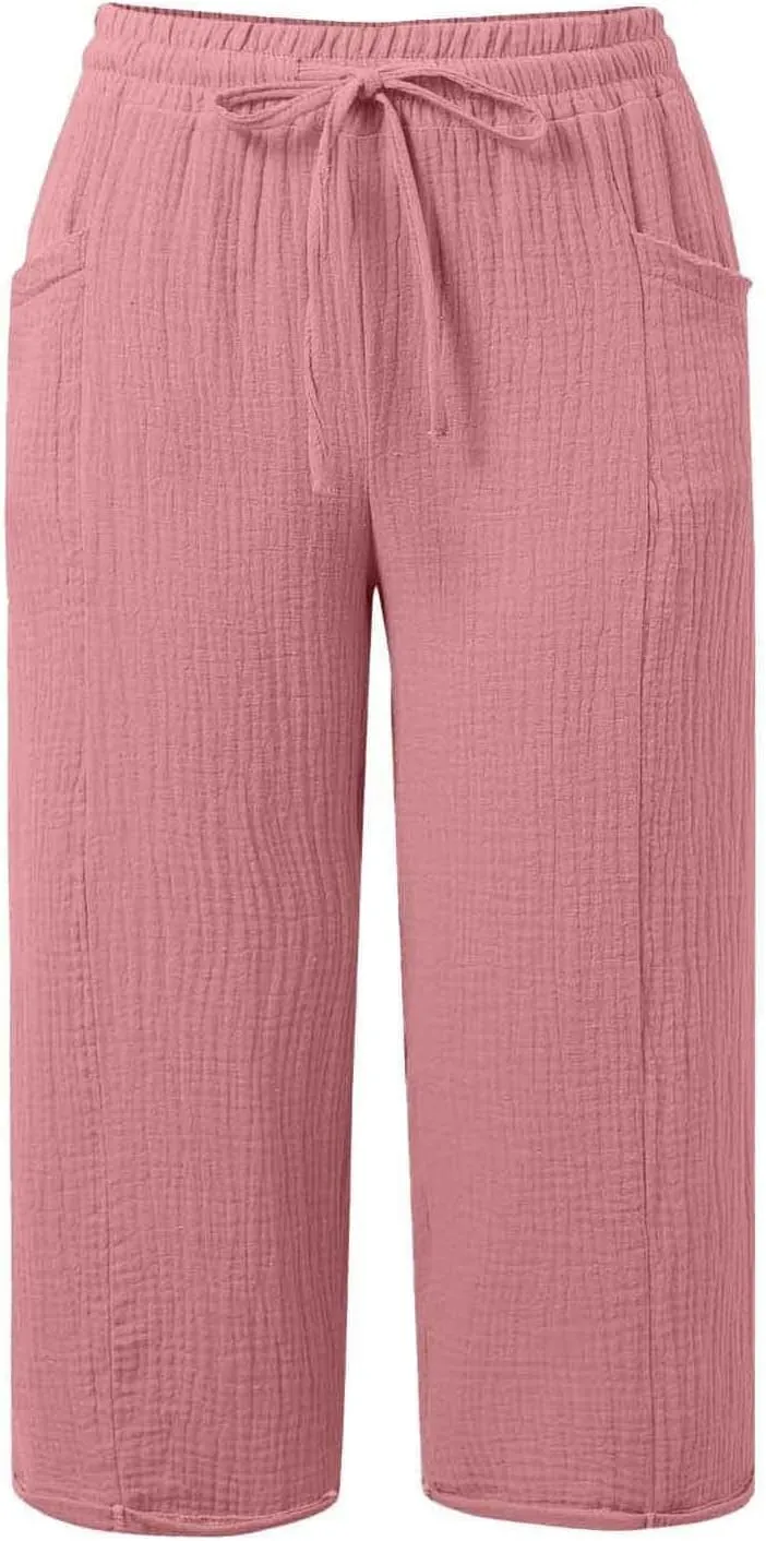 Capris Pants for Women 2025 Cotton Linen Casual Summer Straight Wide Leg Loose Drawstring Elastic Waist Cropped Trouser