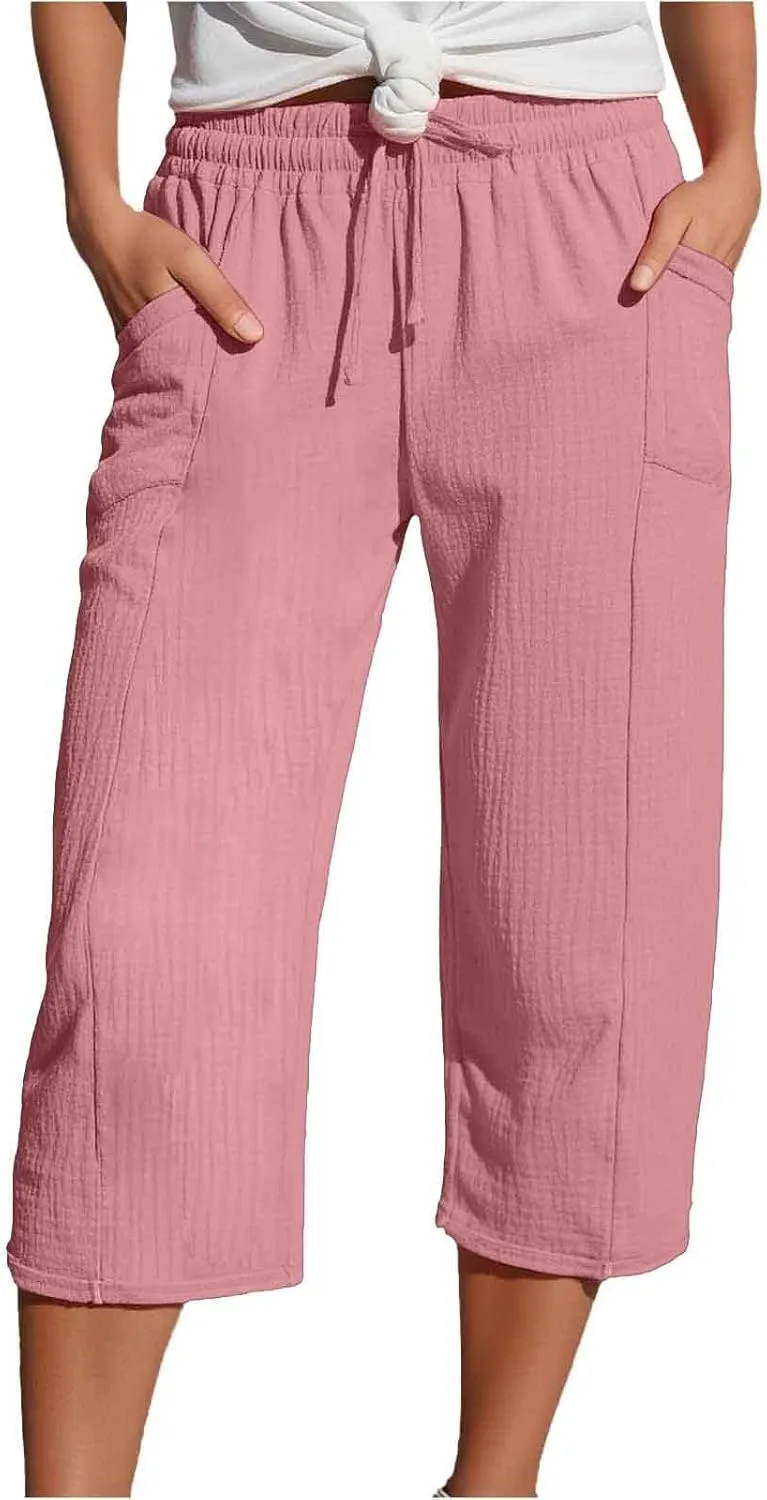 Capris Pants for Women 2025 Cotton Linen Casual Summer Straight Wide Leg Loose Drawstring Elastic Waist Cropped Trouser