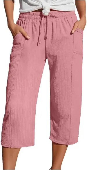 Capris Pants for Women 2025 Cotton Linen Casual Summer Straight Wide Leg Loose Drawstring Elastic Waist Cropped Trouser