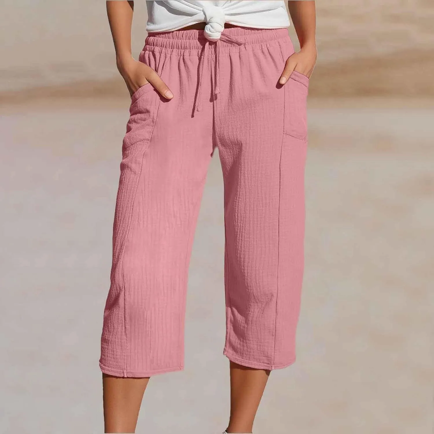 Capris Pants for Women 2025 Cotton Linen Casual Summer Straight Wide Leg Loose Drawstring Elastic Waist Cropped Trouser