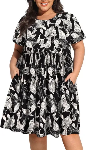 CARCOS Womens Plus Size Dresses Summer Short Sleeve Babydoll Dress Beach Casual Loose Mini Sundresses with Pocket XL-5XL