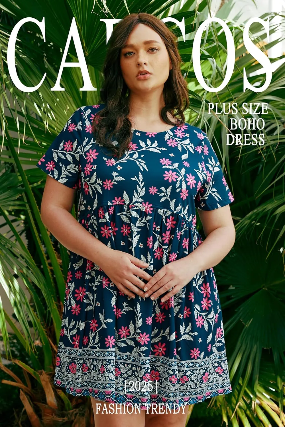 CARCOS Womens Plus Size Dresses Summer Short Sleeve Babydoll Dress Beach Casual Loose Mini Sundresses with Pocket XL-5XL