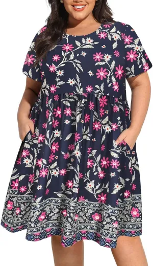 CARCOS Womens Plus Size Dresses Summer Short Sleeve Babydoll Dress Beach Casual Loose Mini Sundresses with Pocket XL-5XL