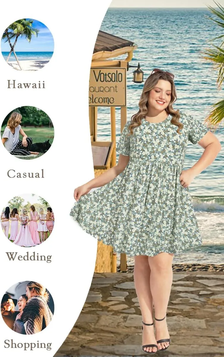 CARCOS Womens Plus Size Dresses Summer Short Sleeve Babydoll Dress Beach Casual Loose Mini Sundresses with Pocket XL-5XL