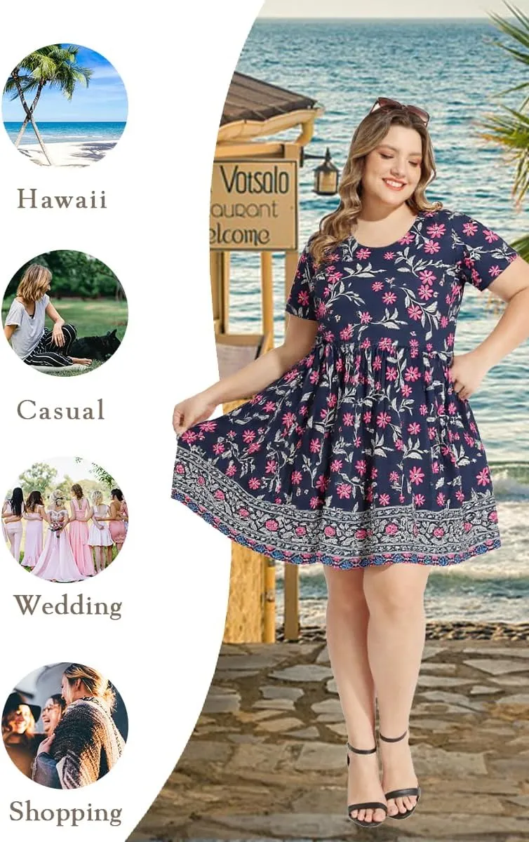 CARCOS Womens Plus Size Dresses Summer Short Sleeve Babydoll Dress Beach Casual Loose Mini Sundresses with Pocket XL-5XL